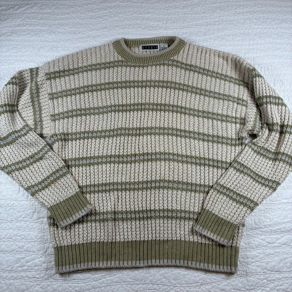 Studio Sweater Mens L Green Striped Ramie Cotton Knit Crewneck Pullover Grandpa
